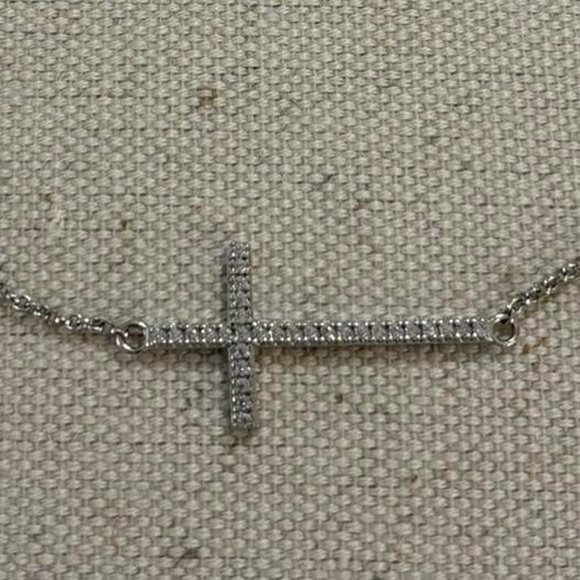 925 Sterling Silver Bedazzled CZ Cross Faux Diamond Adjustable Chain Bracelet - Picture 5 of 8